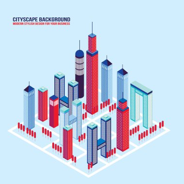 İzometrik şehir bina ve mimari Cityscape vektör çizim