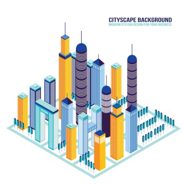 İzometrik şehir bina ve mimari Cityscape vektör çizim