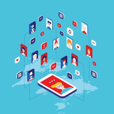 Sosyal ağ ve teknoloji kavramı küresel iletişim smart tarafından mobil internet telefon vektör çizim