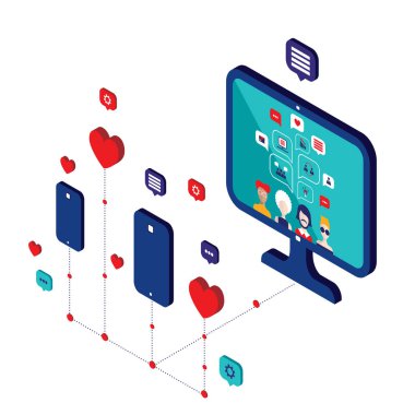 Sosyal ağ ve teknoloji kavramı Modern düz izometrik tasarım vektör çizim