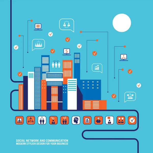 Infographie Des Réseaux Sociaux Ville Design Plat Moderne Illustration Vectorielle — Image vectorielle