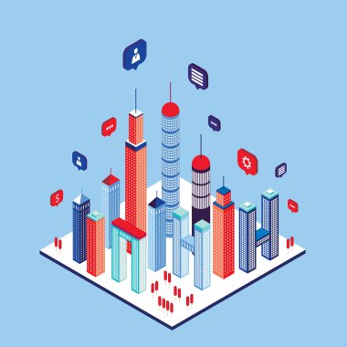Şehir sosyal ağ gökdelenler ve konuşma balonları Modern izometrik düz stil vektör çizim
