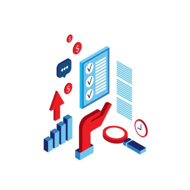 Başarılı iş işlem kavramı fikir araştırma madeni eşya başarı 3d izometrik düz tasarım vektör çizim