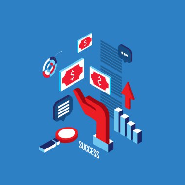 Başarılı iş işlem kavramı fikir araştırma madeni eşya başarı 3d izometrik düz tasarım vektör çizim