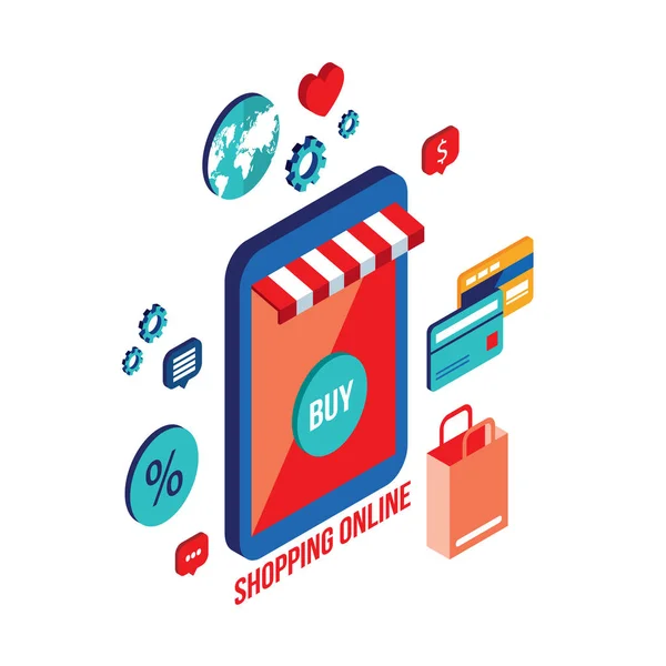 Concepto Diseño Isométrico Plano Compras Comercio Electrónico Ilustración Vectorial — Vector de stock