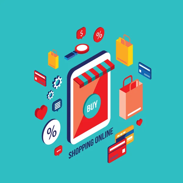 Concepto Diseño Isométrico Plano Compras Comercio Electrónico Ilustración Vectorial — Vector de stock