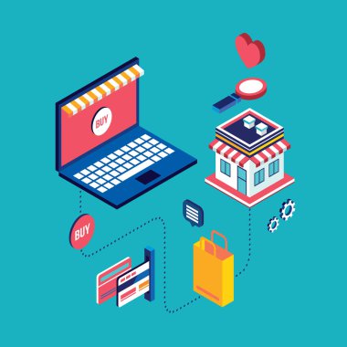3D izometrik alışveriş kavramı vektör çizim düz