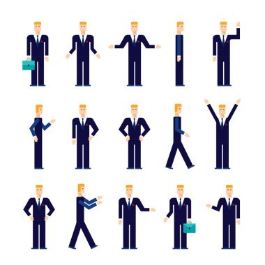 Modern düz tasarım çizgi film karakteri genç adam vektör çizim ayarla.