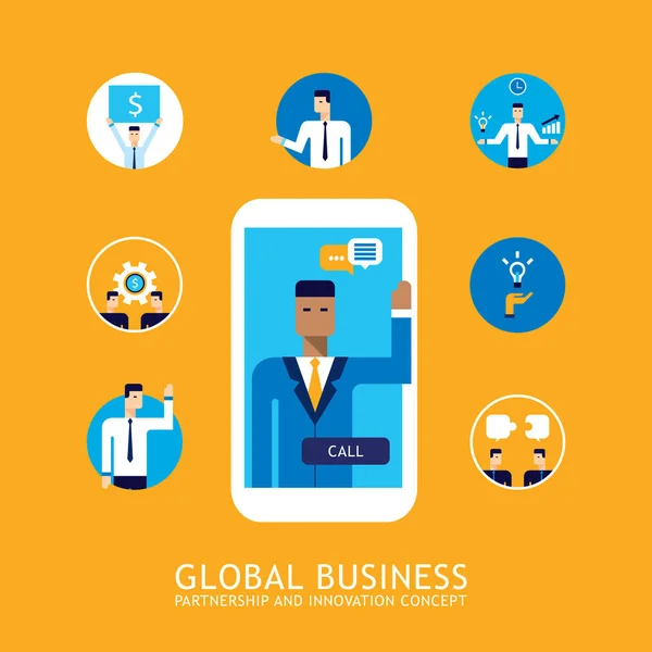 実業家ビデオ通話でグローバルなビジネス コミュニケーションと技術概念ベクトル図 — ストックベクタ