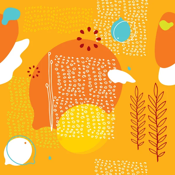レモンと抽象型の要素のベクター グラフィックとカラフルなオレンジ色のシームレスな背景パターン — ストックベクタ