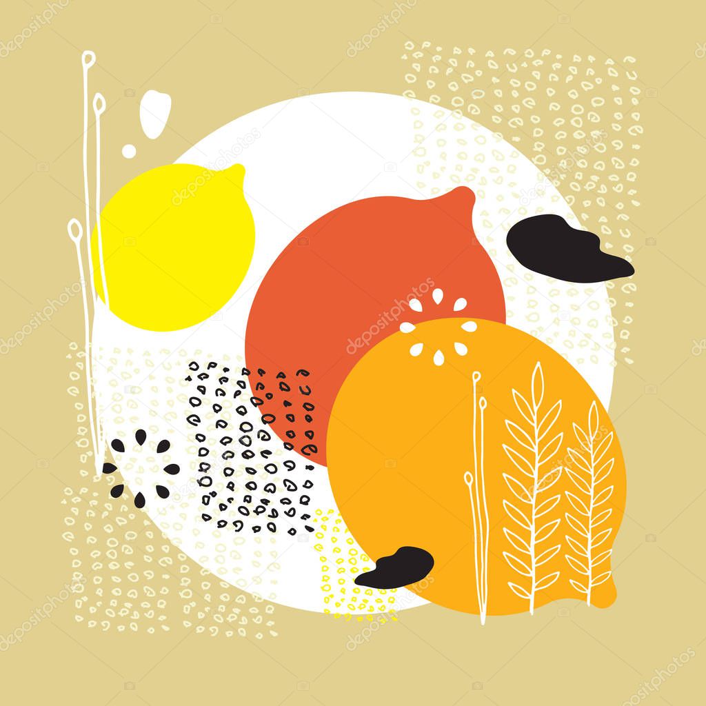 Abstract and floral elements Colorful lemons background Scandinavian design style Vector illustration