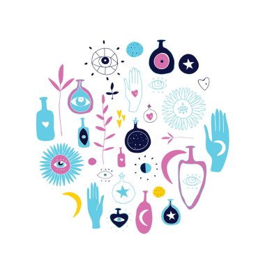 Kutsal işaretleri ve üçüncü göz güneş ay büyücülük otlar Jar şişe renkli sevimli vektör çizim simgeler beyaz arka plan üzerinde izole büyülü doodle set elle çizilmiş ezoterik mistik manevi ögeler