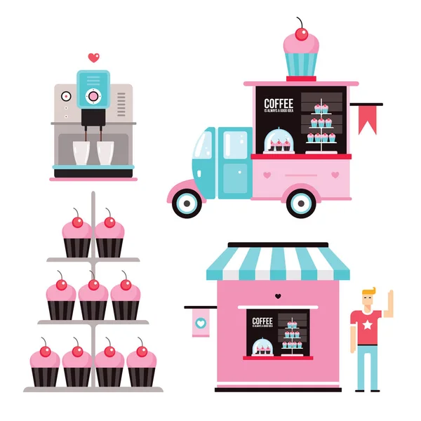 Γλυκό Τροφίμων Επαγγελματίες Σχεδιασμού Στοιχεία Εικονίδια Συλλογή Καφέ Μηχάνημα Cupcakes — Διανυσματικό Αρχείο