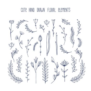 Elle çizilmiş çiçek öğeleri koleksiyonu yaprakları çiçek dalları illüstrasyon vektör