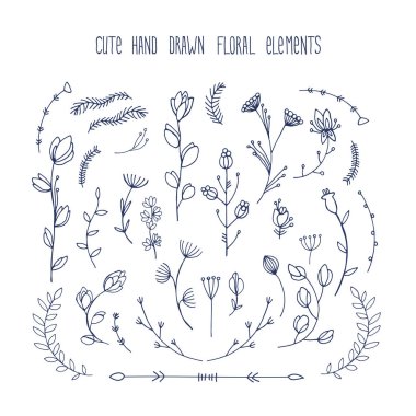 Elle çizilmiş çiçek öğeleri koleksiyonu yaprakları çiçek dalları illüstrasyon vektör