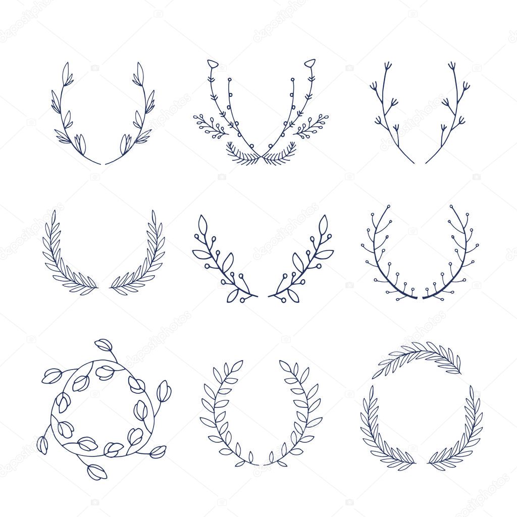 Collection of hand drawn floral laurels and wreaths template for your design Vector illustration