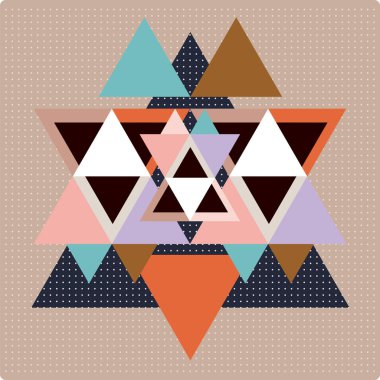 Vektör desen renkli geometrik şekiller, üçgenler, çizgileri ve küçük polka noktaları. Renkli zemin, sorunsuz arka plan deseni, retro tarzı afiş.