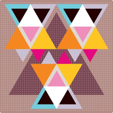 Vektör desen renkli geometrik şekiller, üçgenler, çizgileri ve küçük polka noktaları. Renkli zemin, sorunsuz arka plan deseni, retro tarzı afiş.