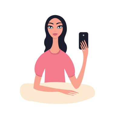 Onun elinde alarak resim yapmak selfie telefon ile siyah dalgalı saçlı güzel genç kız