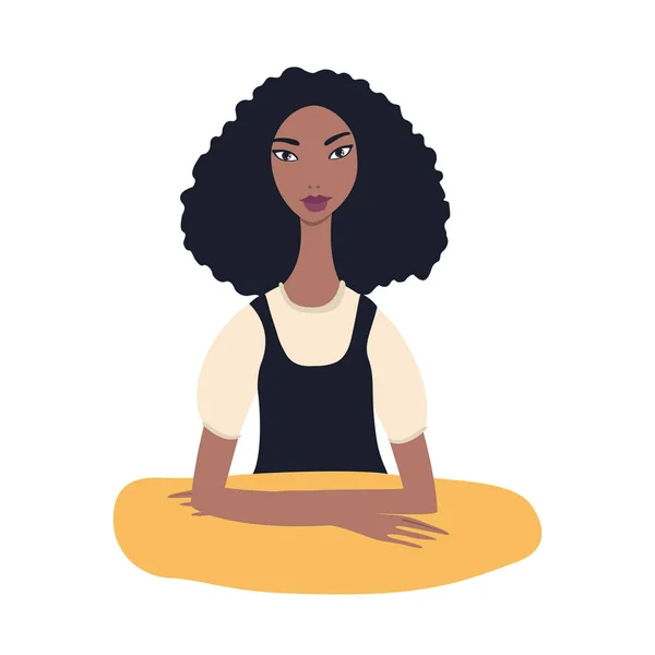 Lovely young Beautiful Mixed race girl with black curly hair wearing trendy stylish clothes sitting at table — Stock Vector