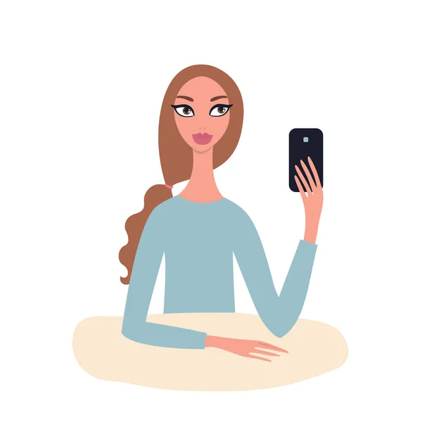 Mooie Kaukasische meisje met bruine golvend haar in ponytale met mobiele telefoon in haar hand nemen foto maken selfie — Stockvector