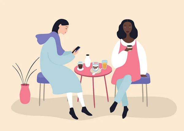 Zwei schöne Frauen unterhalten sich freundlich im Café beim Trinken und Essen von Desserts, Vektorillustration auf rosa Hintergrund — Stockvektor