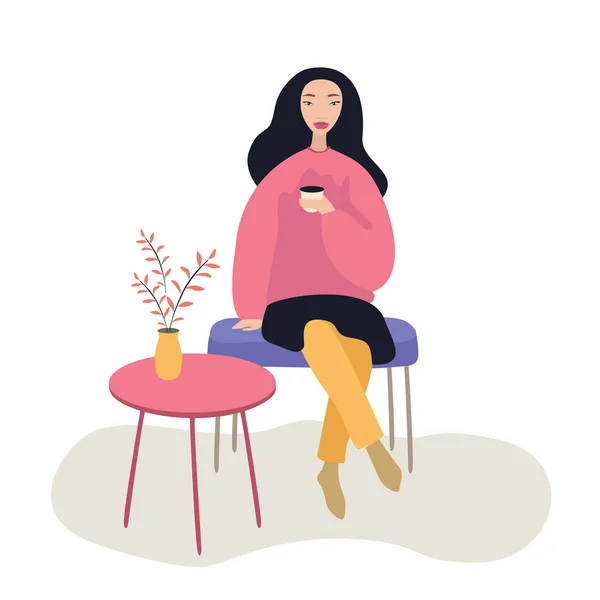 Mooie vrouw zittend op de stoel bij Coffee Shop tijdens het drinken, vector illustratie op witte achtergrond — Stockvector