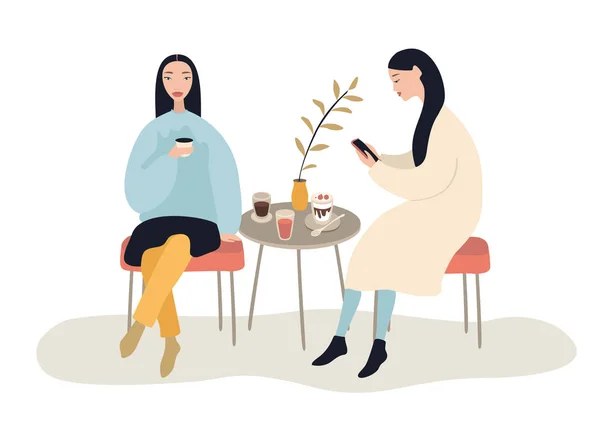 Dos hermosas mujeres que hablan amigable en la cafetería mientras beben y comen postres, ilustración vectorial en el fondo del ingenio Ilustraciones De Stock Sin Royalties Gratis