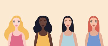 Dört güzel şık çizgi film kadın karakterleri grup afro-amerikan etnik köken kafkas etnik asya etnik ve mix pembe arka plan üzerinde izole yarıştı