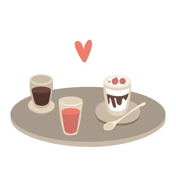Tablett mit Tassen mit Getränken und Desserts und Herz-Symbol auf weißem Hintergrund. flache Bauweise — Stockvektor