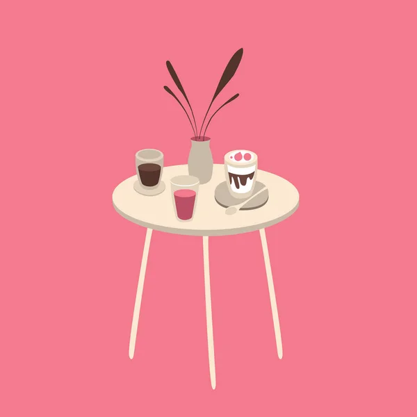 Weißer Tisch mit Tassen mit Getränken und Desserts auf rosa Hintergrund. flache Bauweise — Stockvektor