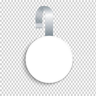  Çıkartma beyaz, yalpalayıcı plastik bir bantta asılı, soyun. Terfi pansiyonu için boş bir şablon. Ürünün değerini, etiketini, etiketini süpermarketin rafına etiketle. Vektör.