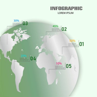  RGBKüre, dünya haritası, işaretlerin yüzdeleri numaralarla beş aşamadan itibaren belirlenmesi. Sunum planı, iş bilgisi bilgisi. İstatistikler, veri çıkışları, teknolojik şemalar sayılıyor. Vektör resmi