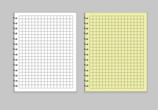 現実的なメモ帳スタイルのレイアウト 黄色のカバーと白のテラス シートはケージに描かれ スパイラルを保持し シートを収集します ビジネス オフィスノートや教育のための空白のメモ帳テンプレート — ストックベクタ