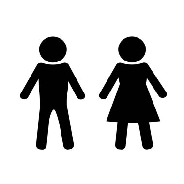  Umumi tuvalet için bir çift sembolün deseni. Bir bayanla beyefendinin cinsiyetini ayırt etmek için yuvarlak bir işaret. Erkek ve kadın. Beyaz arka planda siyah dizayn rozetleri. Vektör