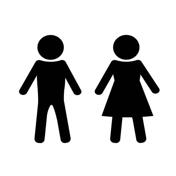  Umumi tuvalet için bir çift sembolün deseni. Bir bayanla beyefendinin cinsiyetini ayırt etmek için yuvarlak bir işaret. Erkek ve kadın. Beyaz arka planda siyah dizayn rozetleri. Vektör