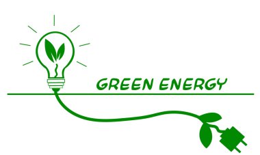 Doğal enerji üretiminin gelişimi, çevrenin ve ekolojinin korunması kavramı. Dünya 'nın en iyisi. Kablolu yeşil ampul. Vektör illüstrasyonu.