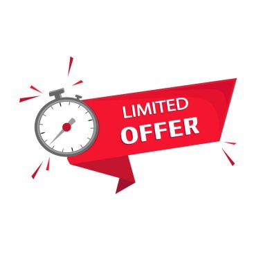 Yayınlama, reklam, duyuru ve daha sonra sınırlı bir süre içinde kârlı bir alım-satım veya alım-satım için teklif. Herhangi bir satış veya teklif için geri sayım. Kırmızı renkli vektör resmi, alarm