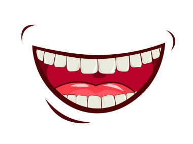 Çekici bir gülümseme, duyguların duygusal ifadesi, kahkaha, neşe. Geniş açık ağız, üst ve alt çene, dilli ağız boşluğu. Sağlıklı bir ağız boşluğu, beyaz dişler. vektör resmi.