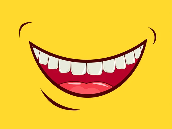 魅力的な笑顔 幸福の感情的な表現 気分がいい 黄色の背景に舌と白い歯を持つ広い開いた口 上顎と口腔 ベクトル画像 — ストックベクタ