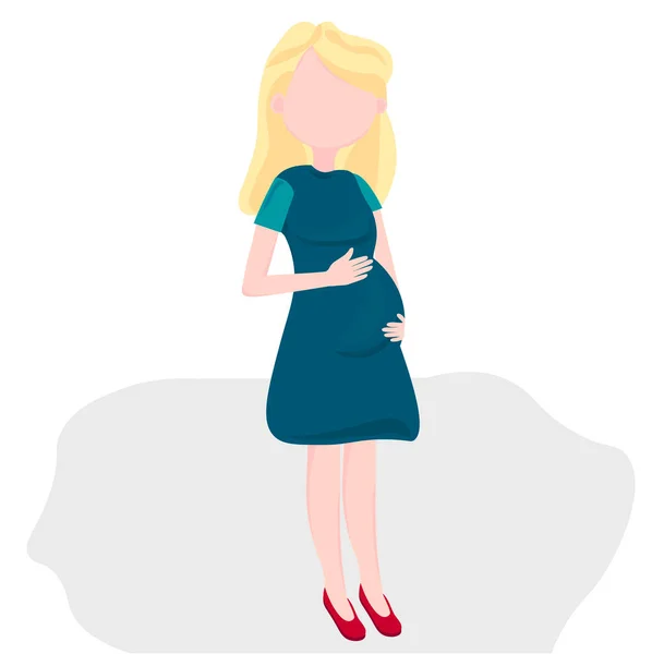 一个穿着裙子的金发怀孕的女孩正在等着孩子 紧紧抓住她的肚子 等待着孩子出生的奇迹 等待着即将诞生的孩子 妈妈给了生命 矢量图像 — 图库矢量图片
