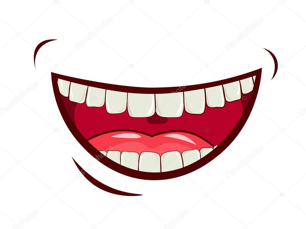 Charming smile, emotional expression of feelings, laughter, joy. Wide open mouth, upper and lower jaw, oral cavity with tongue. Caring for a healthy oral cavity, white teeth. vector image.