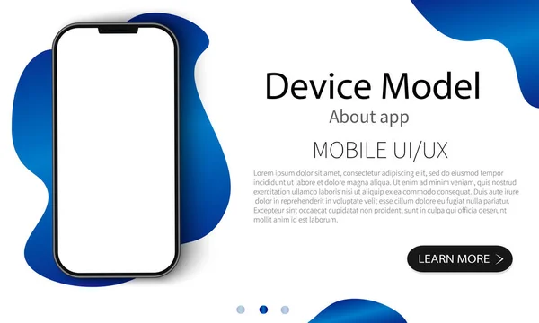 Mavi nesnelerle beyaz arkaplandaki boş ekranlı telefonu taklit et. Modern bir iletişim cihazının modeli. Web sitesi arayüz tasarımı için şablon. Vektör illüstrasyonu
