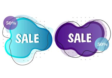 Sıvı formlar, satılık reklamlar. % 50 indirim, özel indirimli fiyat teklifi. Geometrik elementleri ve siyah felçli çok renkli nesneler. Vektör