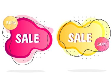 Sıvı formlar,% 50 indirimli reklam indirimi, indirimli özel teklif. Çok renkli, geometrik elementleri olan parlak nesneler ve siyah bir inme. Vektör