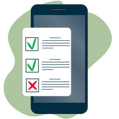 Kontrol listesi olan bir telefon. Tamamlanmış eylemlerin doğrulanması, yeşil işaretli tamamlanmış ve tamamlanmamış görevler ve bir kırmızı haç. Vektör resmi.