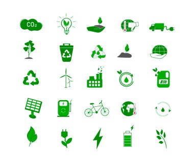 Ekolojik simge koleksiyonu. Çevre dostu atıklar, endüstriyel atıklar ve emisyonların tedavisi. Çevreye önem vermek. Doğal enerji, güneş panelleri, elektrikli araba. Vektör resmi