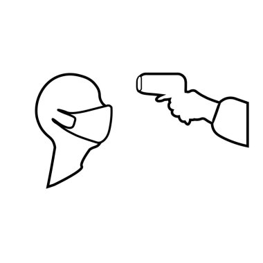 Bir sağlık çalışanının eli alnına termometre gönderir ve maskeli kişinin sıcaklığını ölçer. Virüs önleme. Siyah çizgilerin vektör resmi.