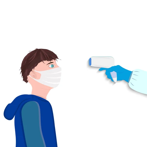 Mano Trabajador Médico Envía Termómetro Frente Mide Temperatura Persona Máscara — Vector de stock