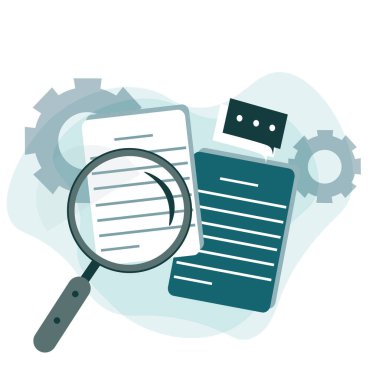 Düz görüntü. Büyüteç altında iş belgeleri, önemli bilgiler, ofis kağıtları, beyaz arka planda anlaşmalar. Vektör görüntüsü. : Eng